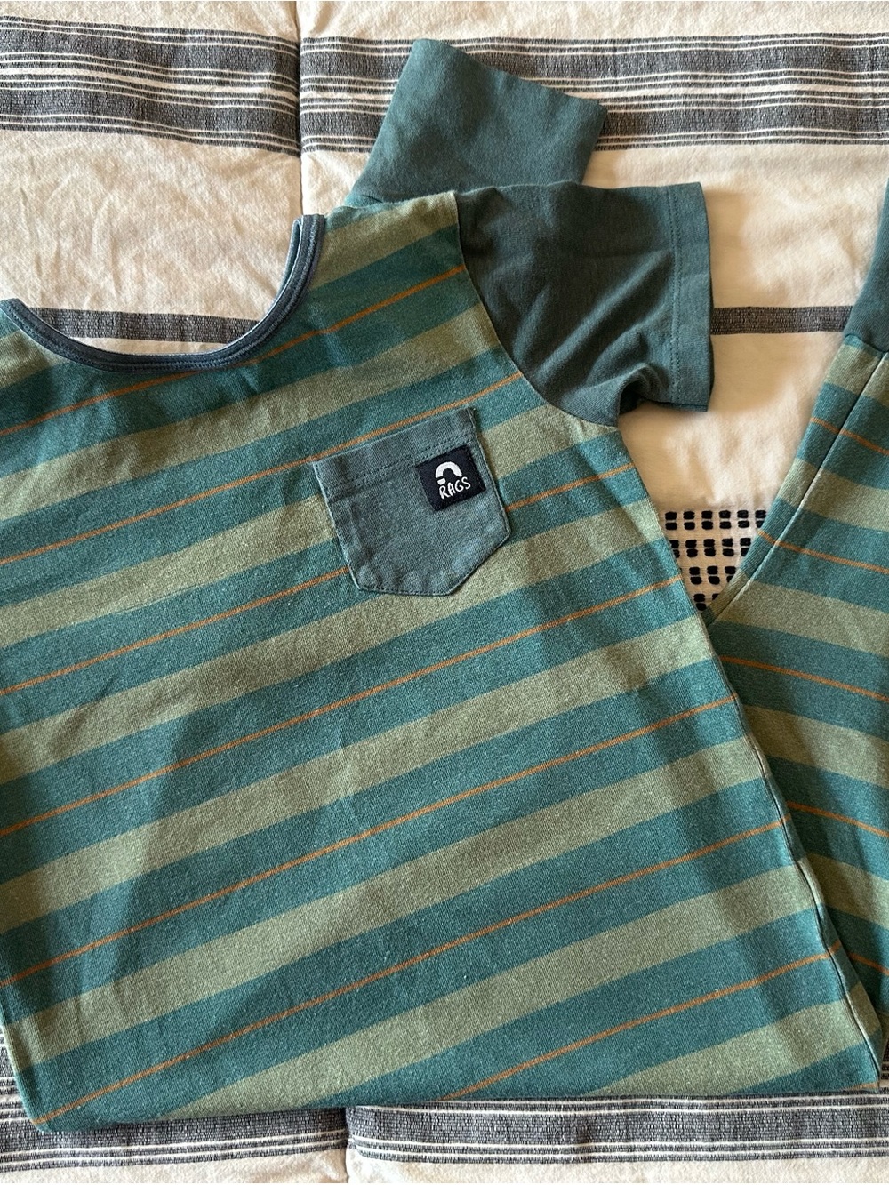 Rags to Raches Teal and Olive Striped Kids Romper - Picture 3 of 3